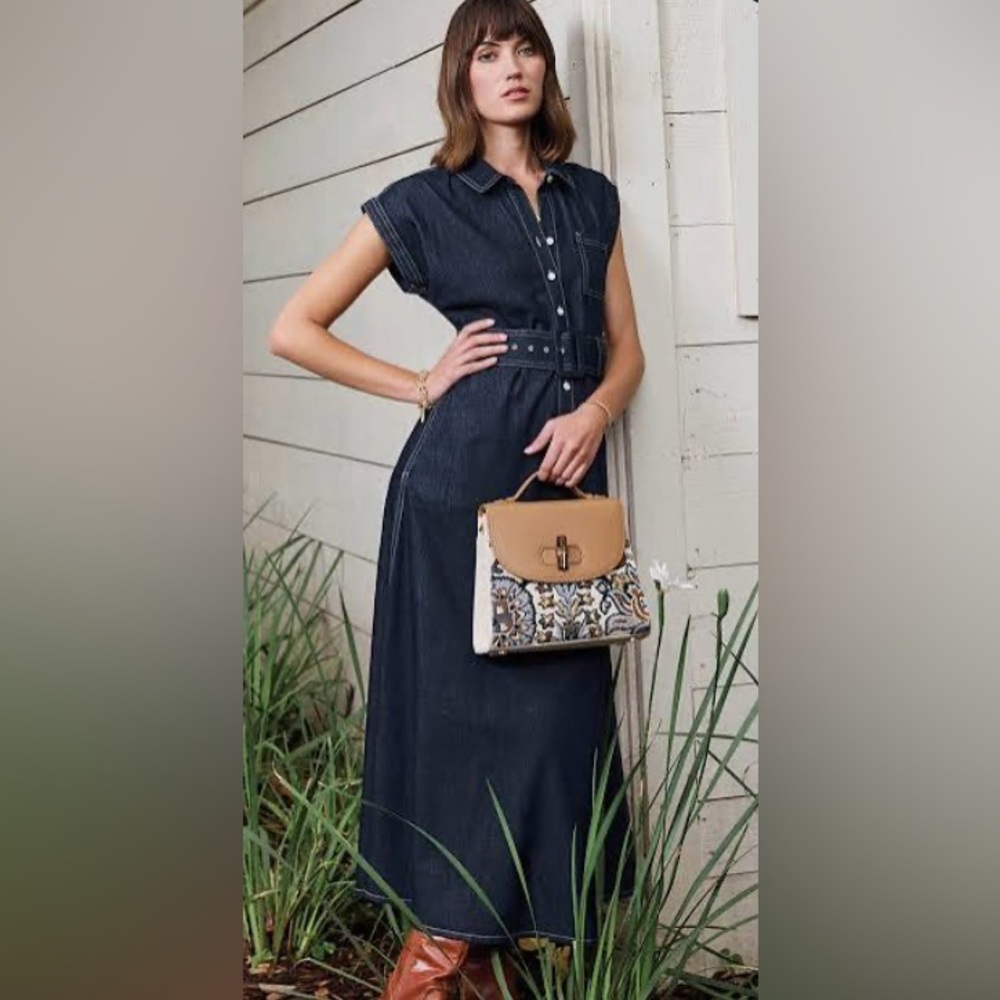 Spartina 449 Navy Denim Maxi Shirt Dress with Belted Waist